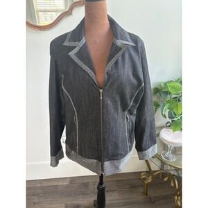 Chico's‎ Denim Jacket Embellished Heart Rhinestone Sequins Gray Size 2
